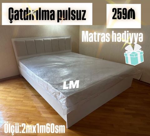 İkinəfərlik yataq, 1m60sm × 2m, matras hədiyyə