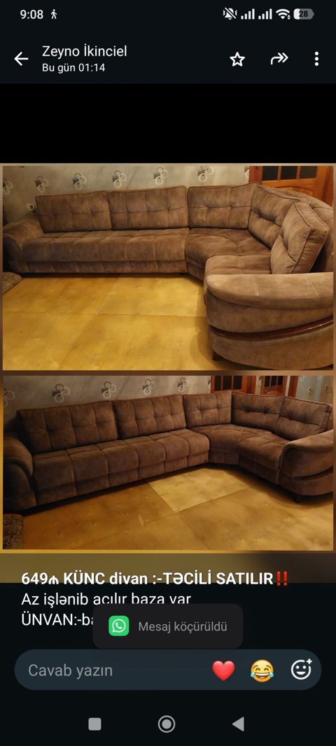 *649₼ KÜNC divan :-TƏCİLİ SATILIR*‼️ Az işlənib açılır baza var