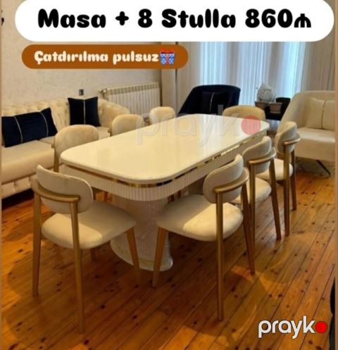 Qonaq otağı üçün, Yeni, Açılmayan, Dördbucaq masa, 8 stul — Bakı