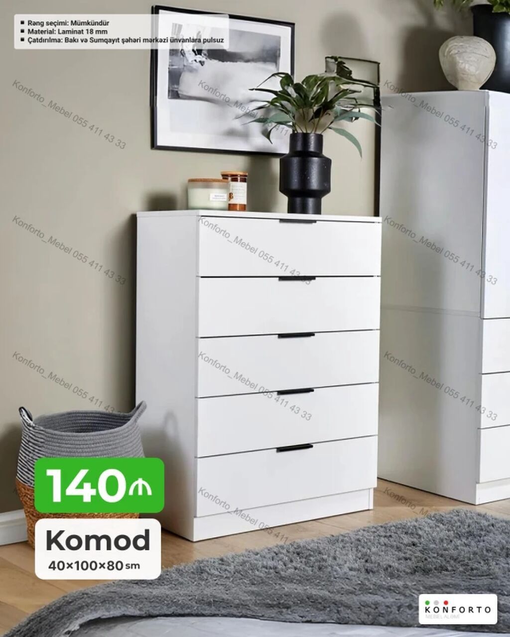 Komod – 4 çekmecəli, minimal dizayn Ölçülər: - 40 × 100 × 80 sm — Mebel, Bakı