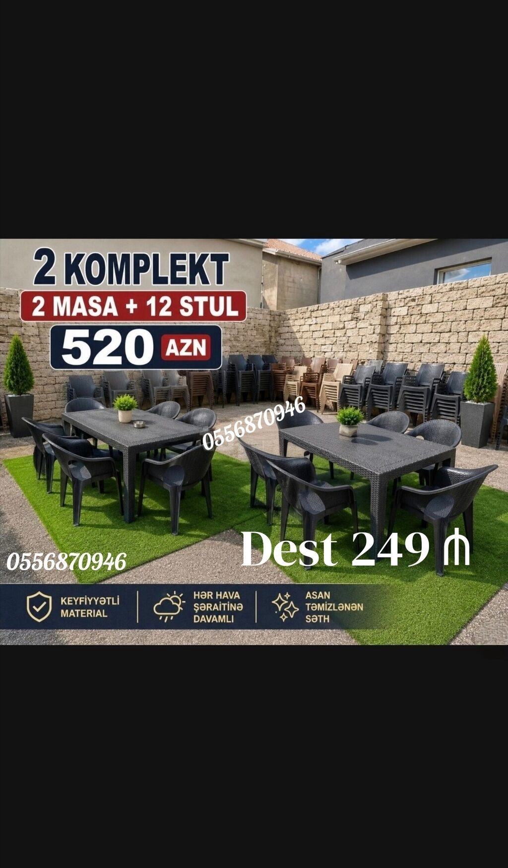 Yeni, Dördbucaq masa, 6 stul, Açılmayan, Stullar ilə, Plastik, Türkiyə — Mebel, Bakı