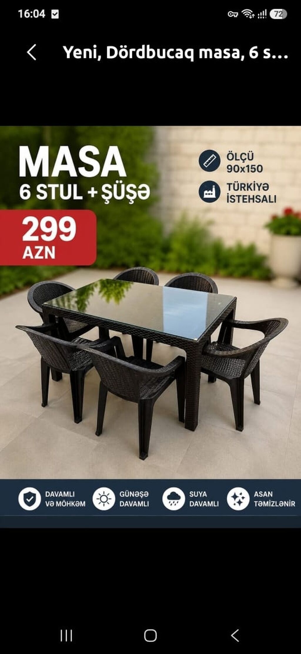 Dördbucaq masa dəsti – 6 stul + şüşə üstlü masa Xüsusiyyətlər: - — Mebel, Digah
