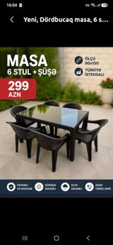 Dördbucaq masa dəsti – 6 stul + şüşə üstlü masa Xüsusiyyətlər: - — Goods