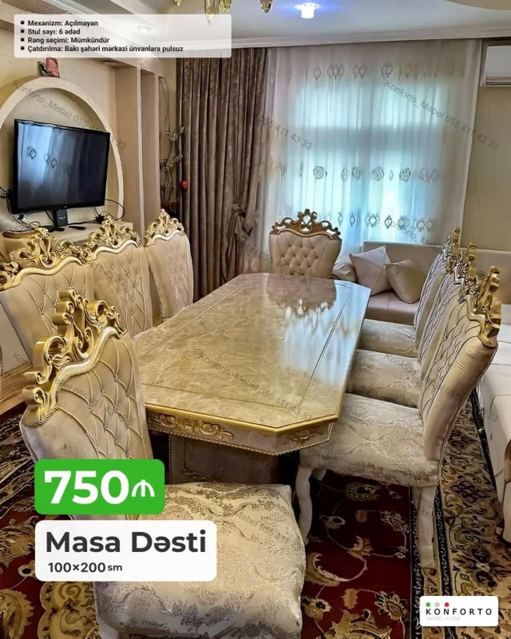 Məhsul: Masa Dəsti - Ölçü: 100×200 sm - Mexanizm: Açılmayan - Stul