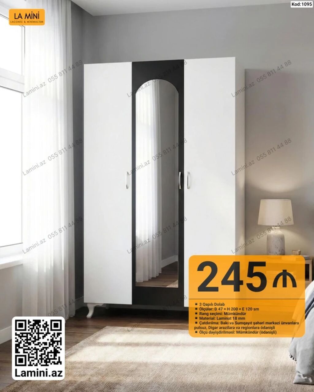 Məhsul: 3 qapılı dolab (Kod: 1095) - Ölçü: Dərinlik 47 sm × Hündürlük — Mebel, Bakı