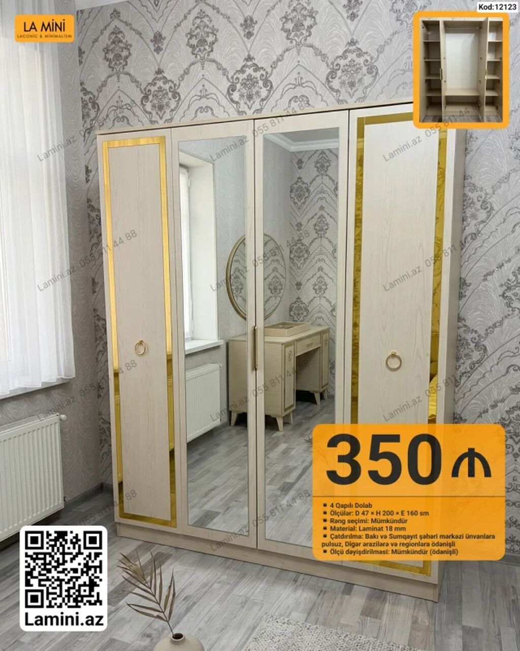 4 qapılı paltar dolabı - Ölçülər: D 47 × H 200 × E 160 sm - Material