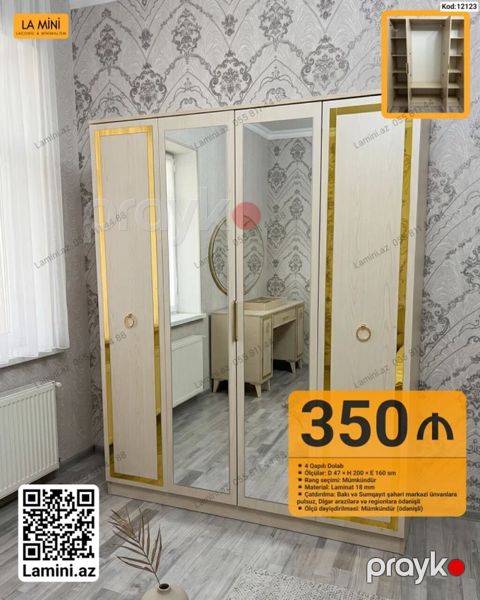 4 qapılı şkaf – kod: 12123 - Ölçülər: Dərinlik 47 sm, Hündürlük 200 — Bakı