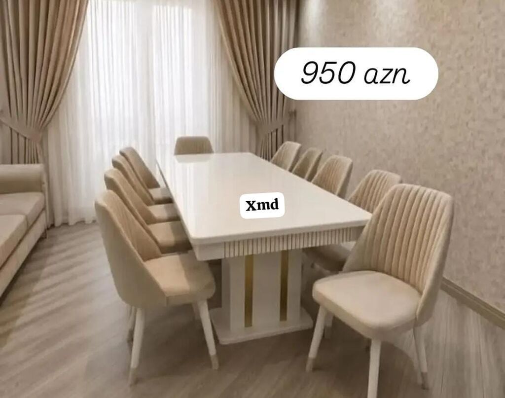 Ağ rəngli yemək masası və 8 ədəd stul dəsti. - Dəst tərkibi: 1 ədəd