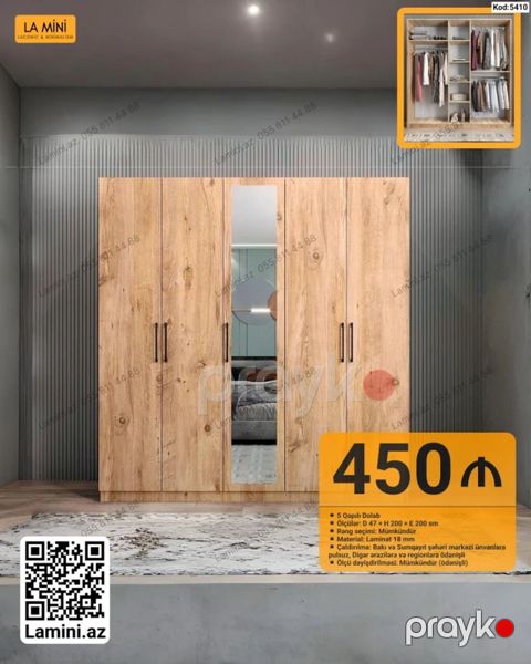 LA Mını 5 qapılı dolab — Kod: 5410 - Material: 18 mm laminat - Rəng — Bakı
