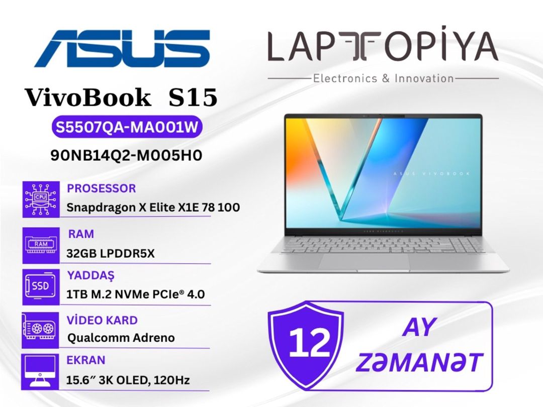 ASUS Vivobook S 15 OLED S5507QA-MA001W 90NB14Q2-M005H0 — Elektronika, Bakı
