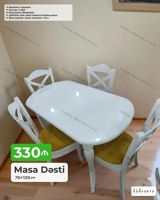 Məhsul: Masa Dəsti • Ölçü: 70×120 sm • Komplekt: 1 masa + 4 ədəd — Mebel