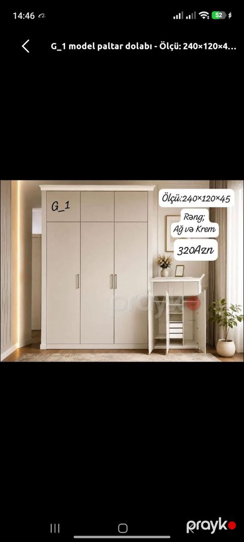 G_1 model paltar dolabı - Ölçü: 240 × 120 × 45 sm - Rəng: ağ və krem