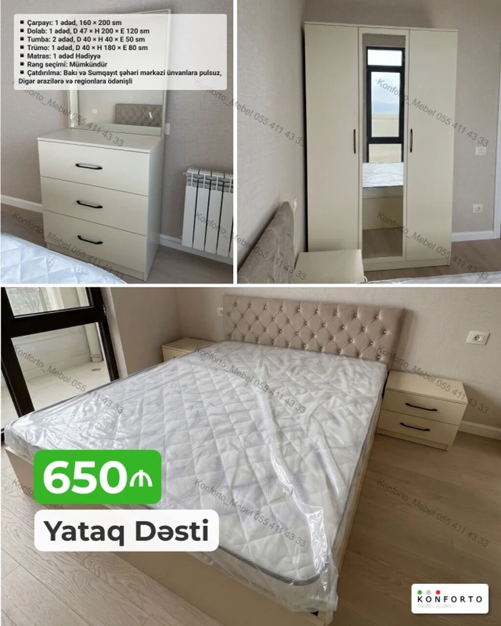Yataq Dəsti – 650₼ Dəst tərkibi və ölçülər: - Çarpayı: 1 ədəd, 160 × — Yataq otağı mobilya dəstləri, Bakı