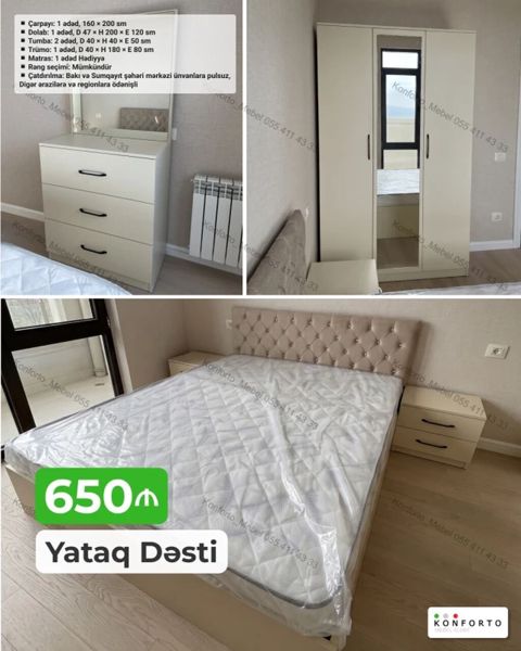 Yataq Dəsti – 650₼ Dəst tərkibi və ölçülər: - Çarpayı: 1 ədəd, 160 × — Konforto Mebel — Bedroom furniture sets