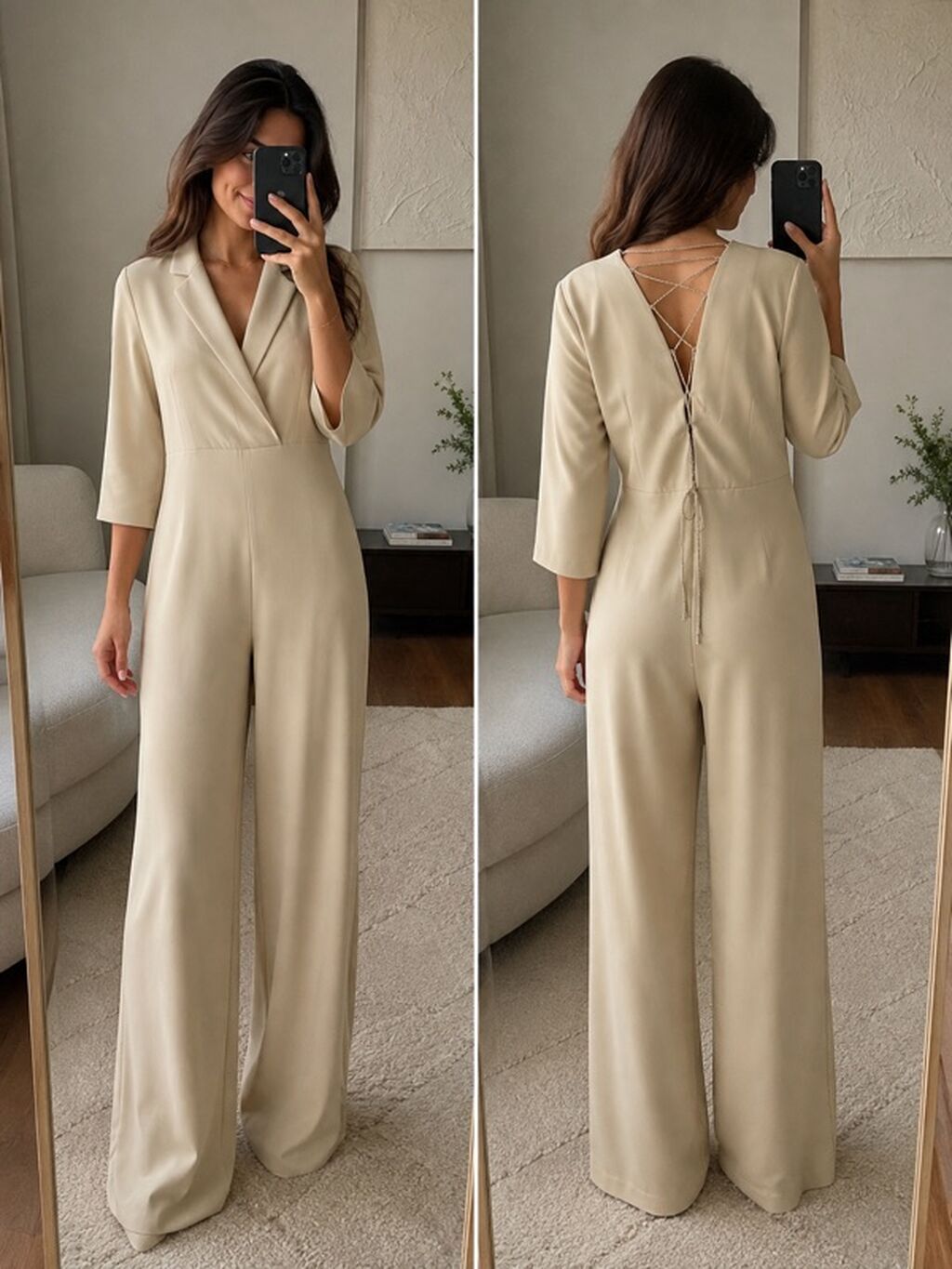 Bej rəngli qadın kombinezonu - Stil: Zərif, minimal dizayn - Kəsim — Mallar, Bakı