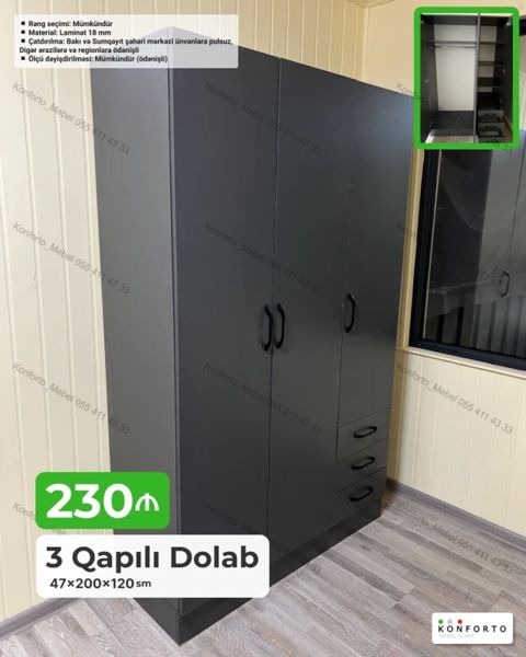 3 qapılı geyim dolabı - Ölçü: 47×200×120 sm - Material: 18 mm laminat — Konforto Mebel — Şkaflar