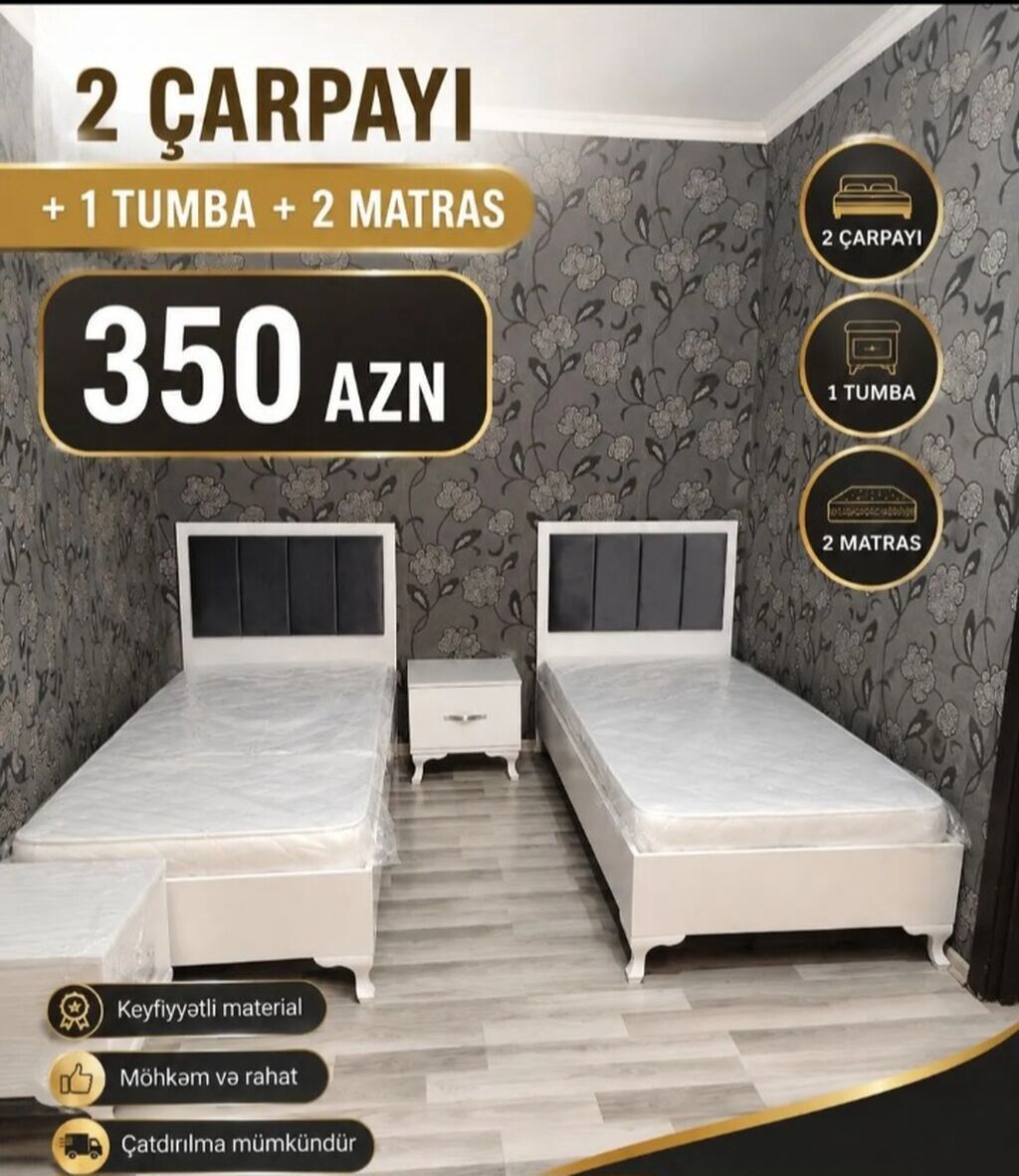 İki ədəd tək nəfərlik çarpayı dəsti: - Komplekt: 2 çarpayı + 1 tumbə + — Bakı