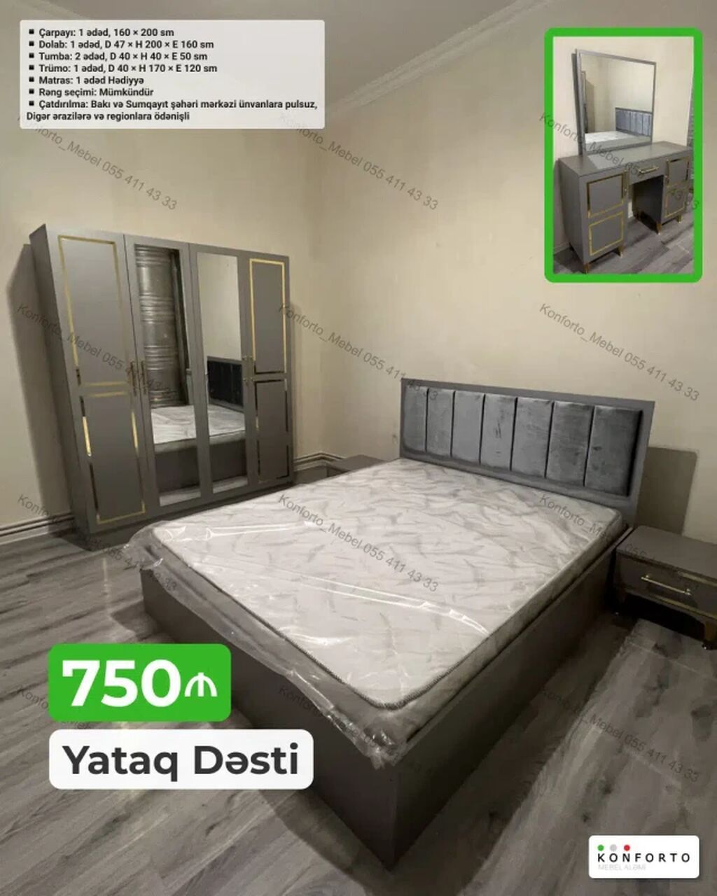 Yataq Dəsti – 160×200 sm — Yataq otağı mobilya dəstləri, Bakı