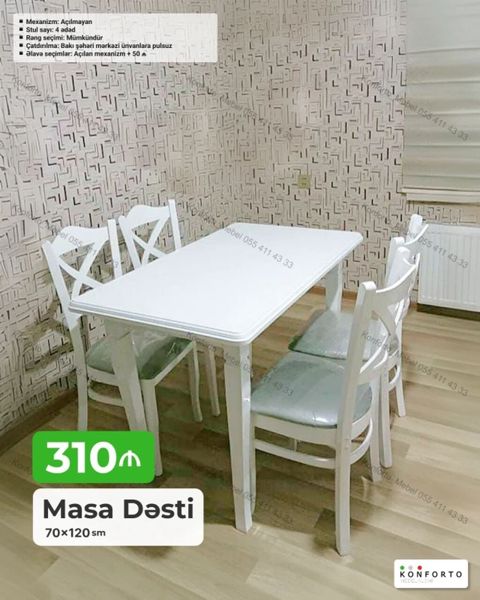 Məhsul: Masa dəsti - Ölçü: 70 × 120 sm - Komplekt: masa + 4 ədəd stul — Konforto Mebel — Soft furniture sets