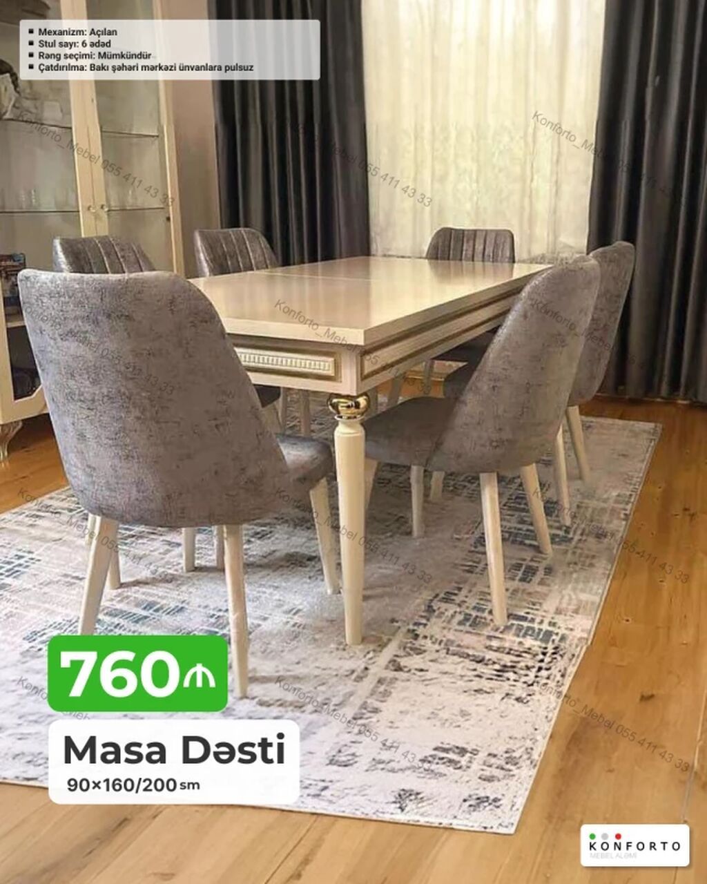 Masa dəsti – 6 stul ilə - Masa ölçüləri: 90×160/200 sm (açılan