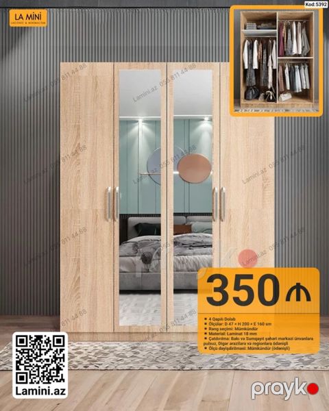 4 qapılı paltar dolabı – kod: 5392 - Ölçülər: D 47 H 200 E 160 sm — Bakı