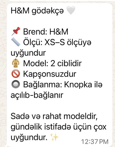 H&M gödəkçə - Brend: H&M - Ölçü: XS–S ölçüyə uyğundur -