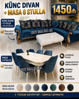 Künc divan + masa 6 stulla dəsti - Künc divan ölçüsü: 3×2 m - Açılan — Mebel