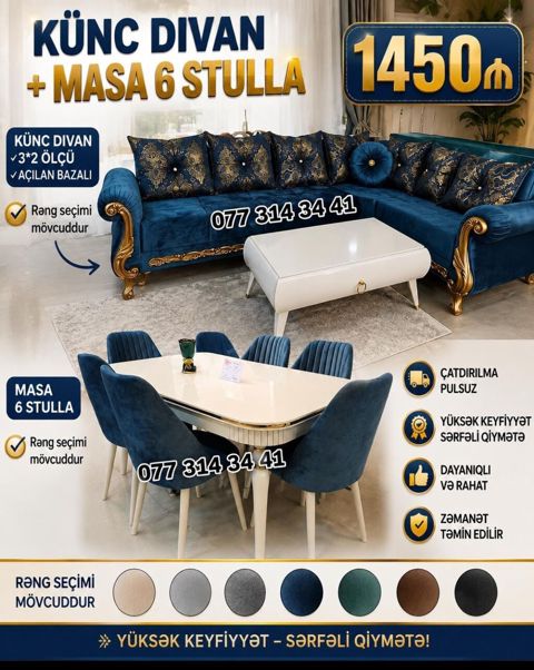 Künc divan + masa 6 stulla dəsti - Künc divan ölçüsü: 3×2 m - Açılan