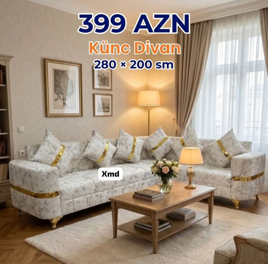 Künc divan – 280 × 200 sm Təsvir: - Zərif naxışlı açıq rəng parça