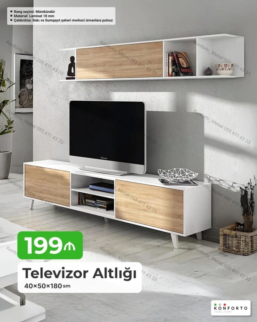 Televizor Altlığı + Asma rəf dəsti Ölçülər: - Altlıq: 40×50×180 sm
