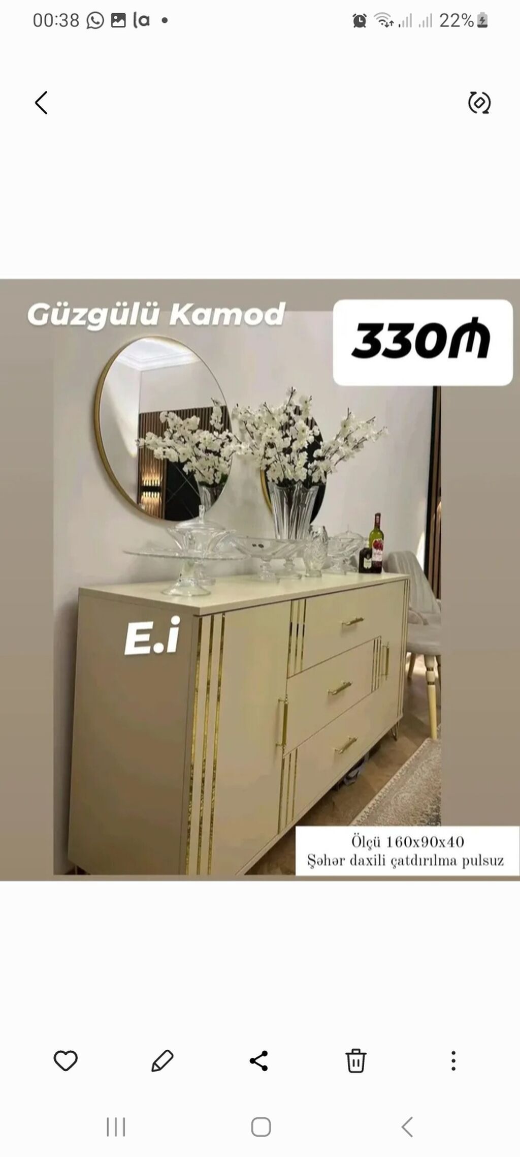 Güzgülü kamod - Qiymət: 330₼ - Ölçü: 160 x 90 x 40 sm - Şəhər daxili