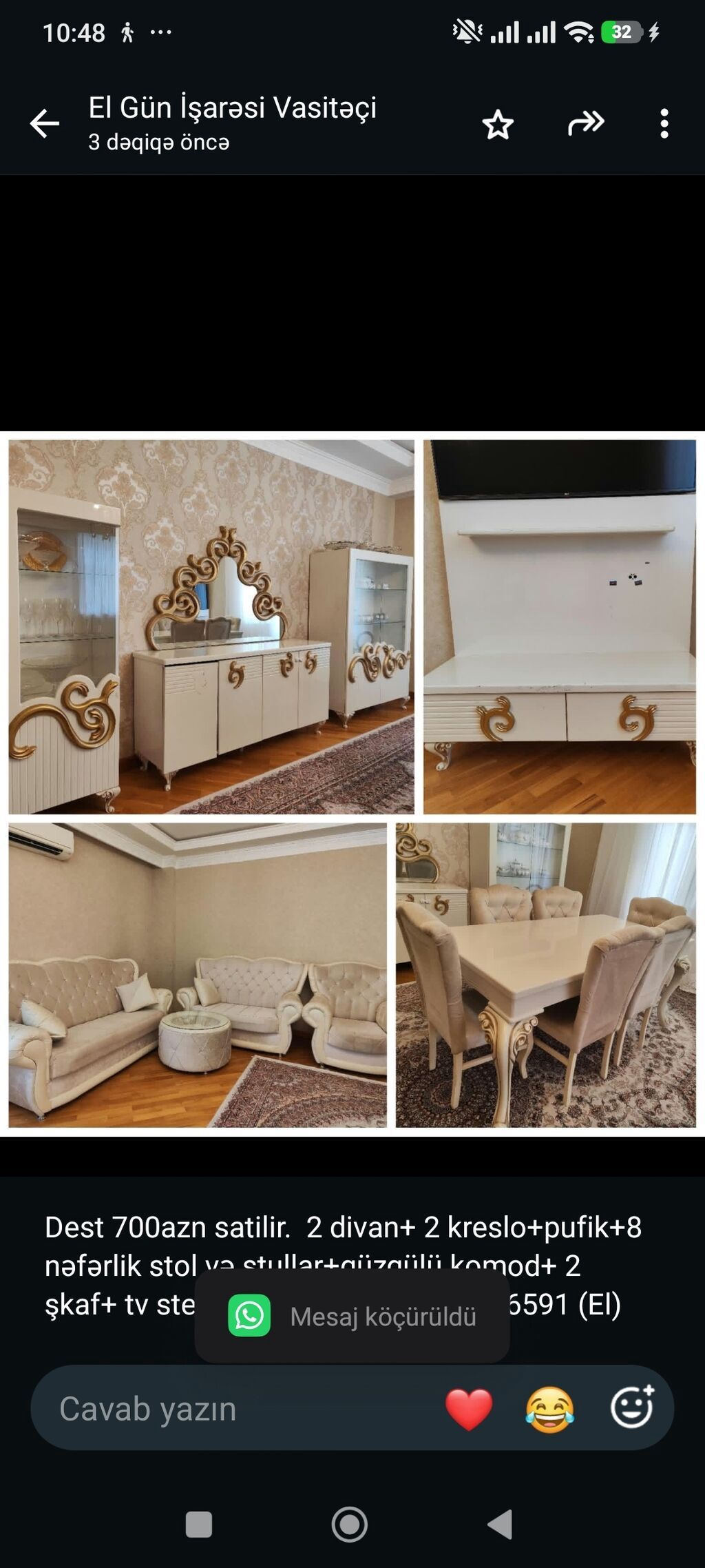 Dest 700azn satilir. 2 divan+ 2 kreslo+pufik+8 nəfərlik stol və — Mebel, Bakı