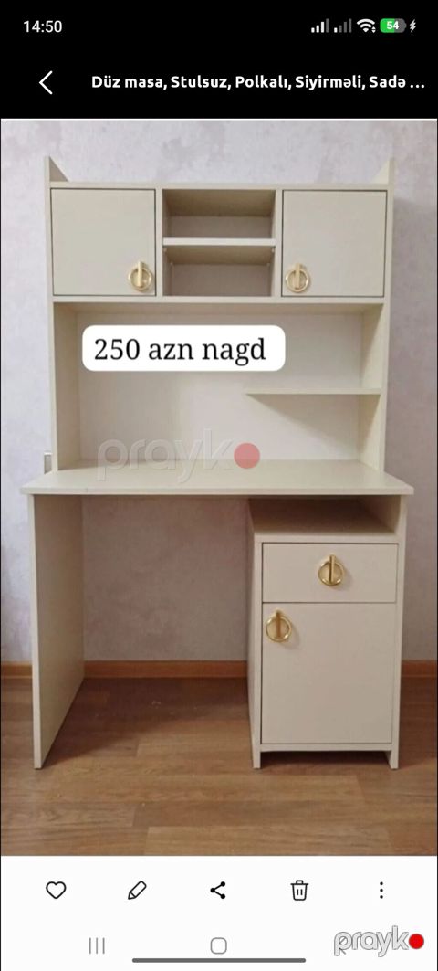 Düz yazı/kompüter masası – stulsuz, rəfli və siyirməli model