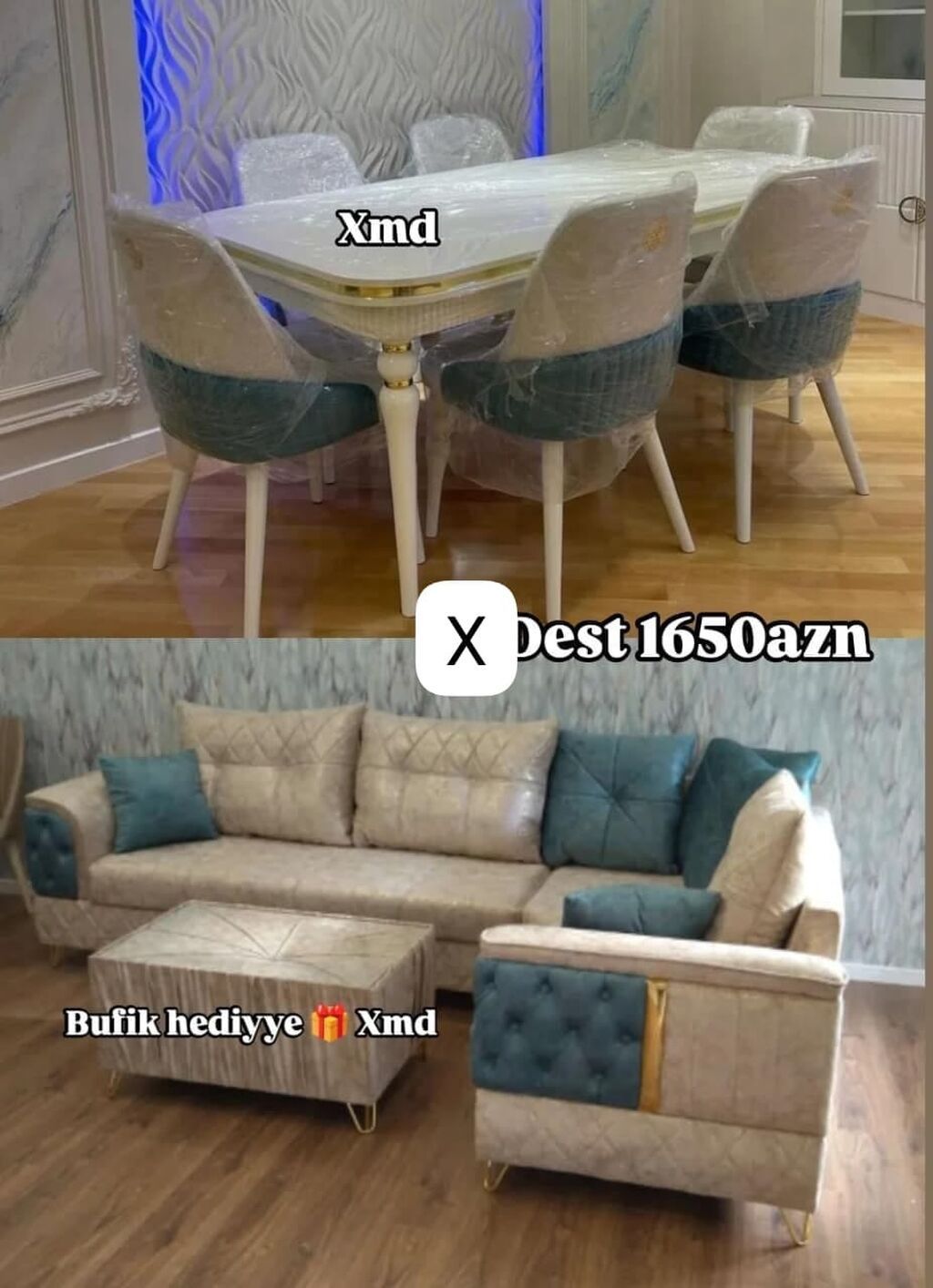 Mebel dəsti – 1650 AZN - Yemək masası və 6 ədəd stul: ağ rəngli masa — Mebel, Bakı