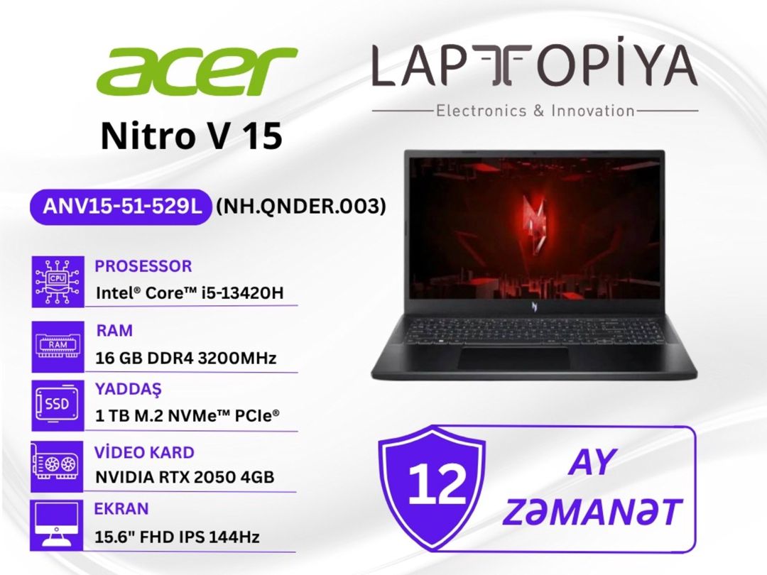 Acer Nitro V 15 ANV15-51-529L (NH.QNDER.003) — Elektronika, Bakı