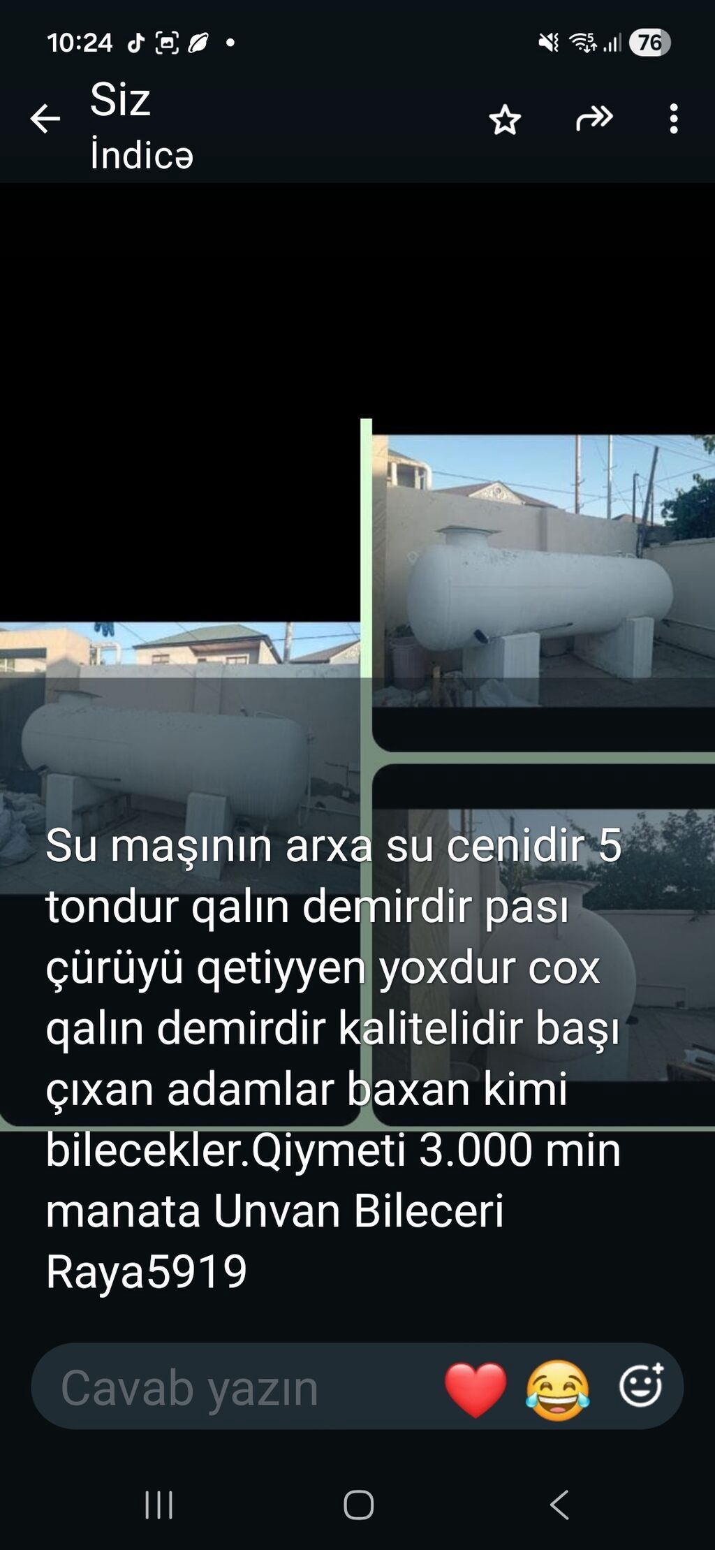 Su maşını üçün arxa su çəni – 5 tonluq. Çox qalın dəmirdən hazırlanıb — Mallar, Sumqayıt