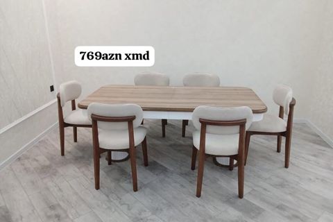 Yemək otağı üçün masa və 6 ədəd stul dəsti. - Dəst: 1 masa + 6 stul - — Ucuz serfeli Mebel — Masalar