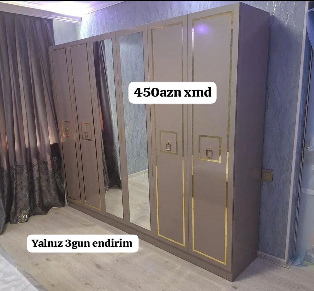- Məhsul: Geniş qapılı garderob - Rəng: Bej-qəhvəyi ton, qızılı dekor