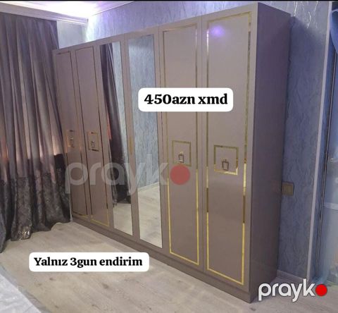 Yeni, 6 qapı, Güzgülü, Bej, Açılan, Düz dolab