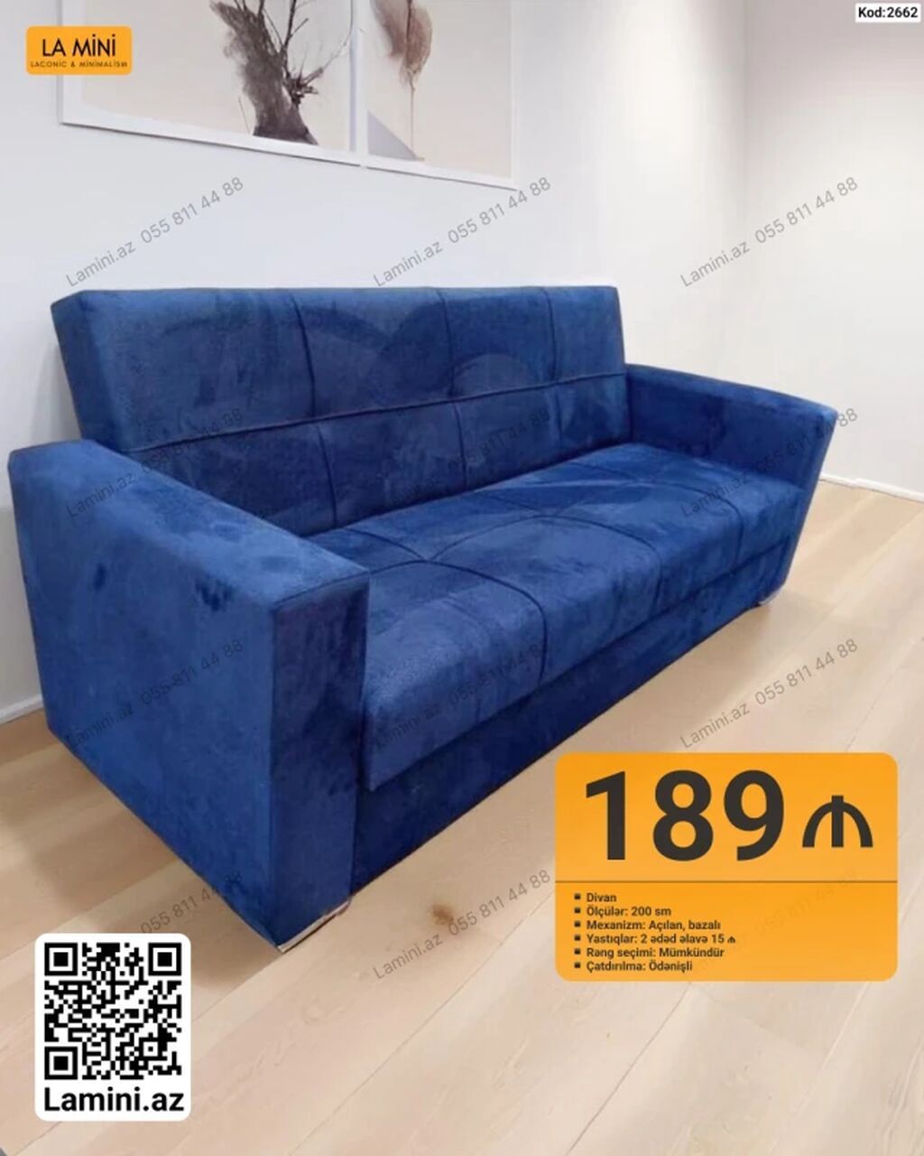 Məhsul: Divan (Kod: 2662) - Ölçü: 200 sm - Mexanizm: Açılan, bazalı -