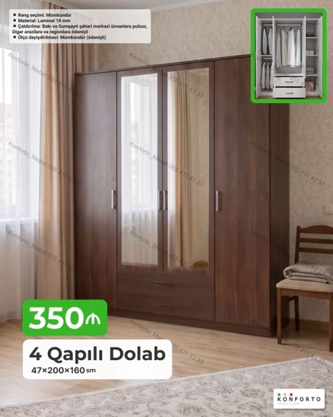 4 qapılı geyim dolabı – 47×200×160 sm Xüsusiyyətlər: - Material: 18 — Konforto Mebel — Şkaflar