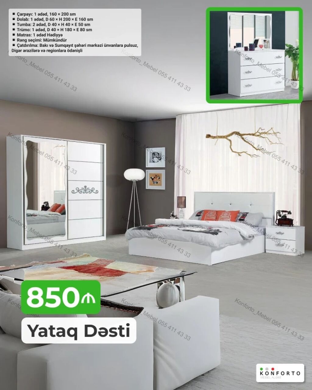 Yataq Dəsti – 850 ₼ Komplektə daxildir: - Çarpayı: 1 ədəd, 160 × 200