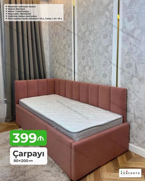 Çarpayı – 90×200 sm - Model: künc başlıqlı, yumşaq döşənmiş karkas -