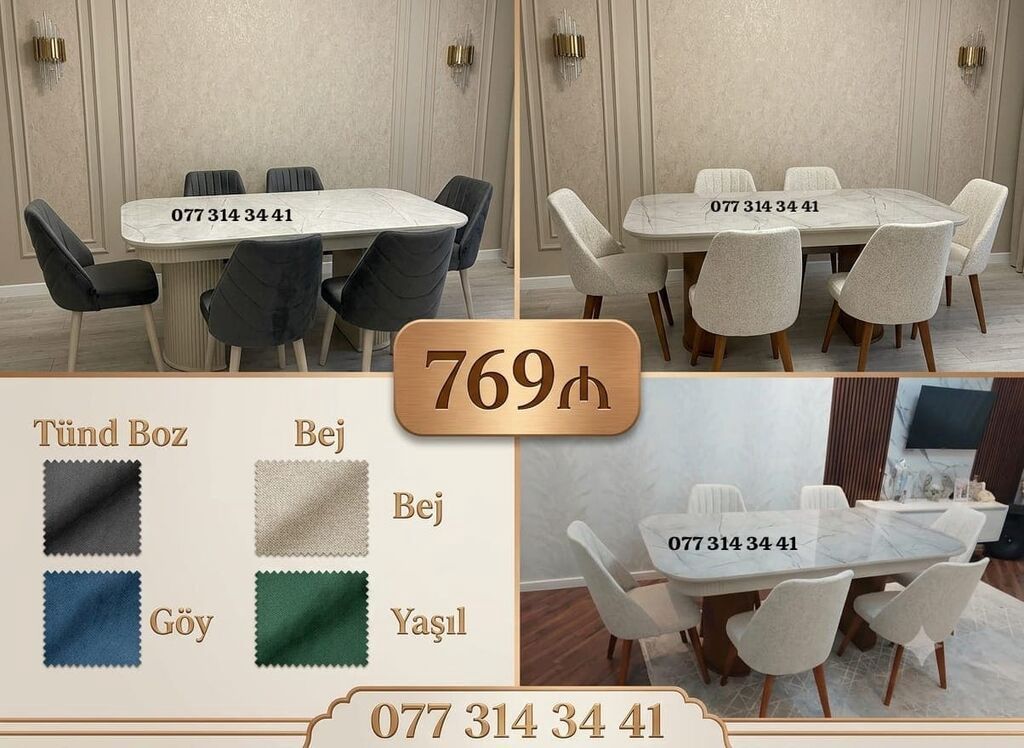 Mərmər naxışlı yemək masası dəsti - zərif oval formalı, 6 stulla