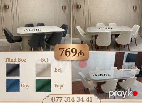 Mərmər naxışlı yemək masası dəsti - zərif oval formalı, 6 stulla