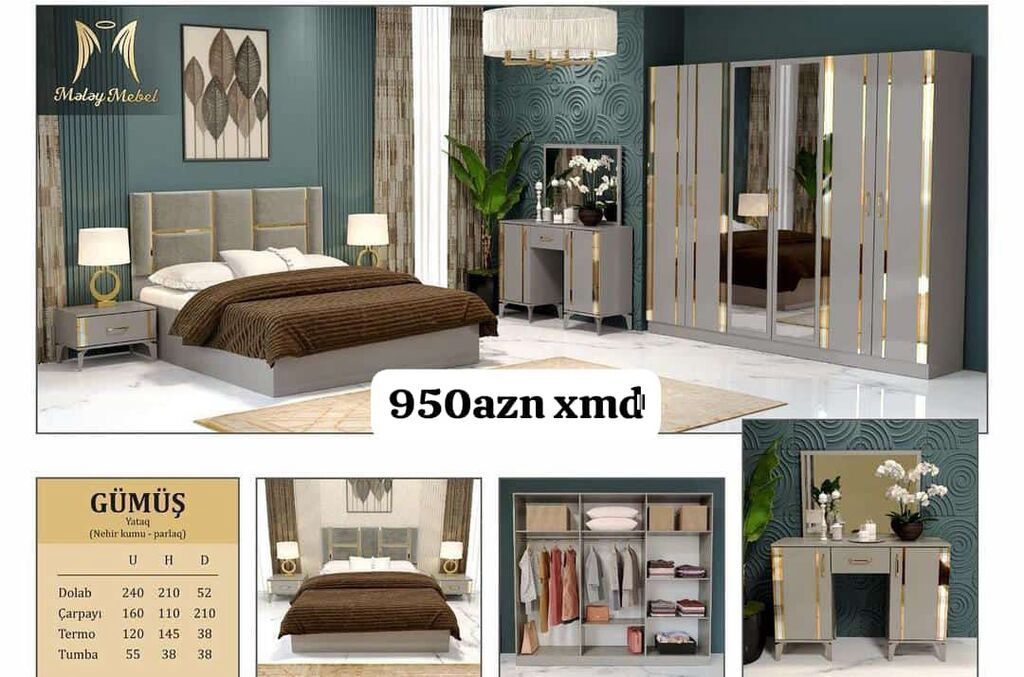 Gümüş yataq otağı dəsti – “Nehir” (kuma – parlaq) Komplekt: - 6 — Yataq otağı mobilya dəstləri, Bakı