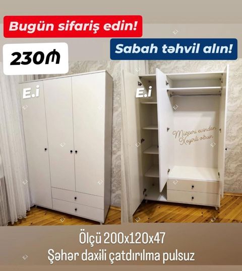 Ağ rəngdə çoxfunksiyalı paltar şkafları Model 1: - Ölçü: 200 x 120 x