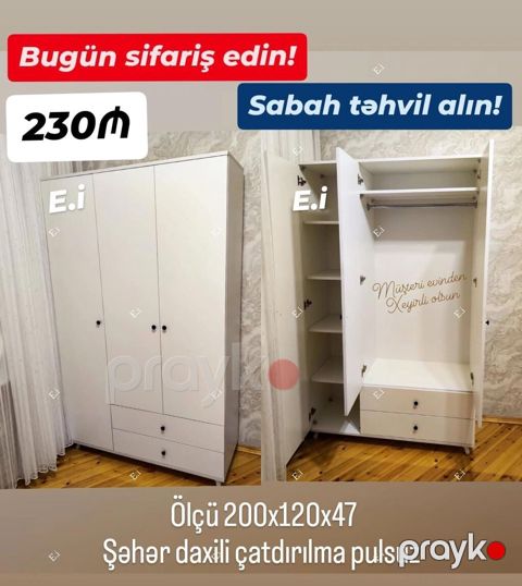 Ağ rəngdə çoxfunksiyalı paltar şkafları Model 1: - Ölçü: 200 x 120 x