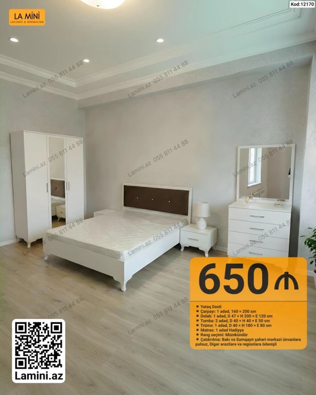 Yataq Dəsti – Kod: 12170 Komplektin tərkibi: - Çarpayı: 1 ədəd, 160 x — Mebel, Bakı