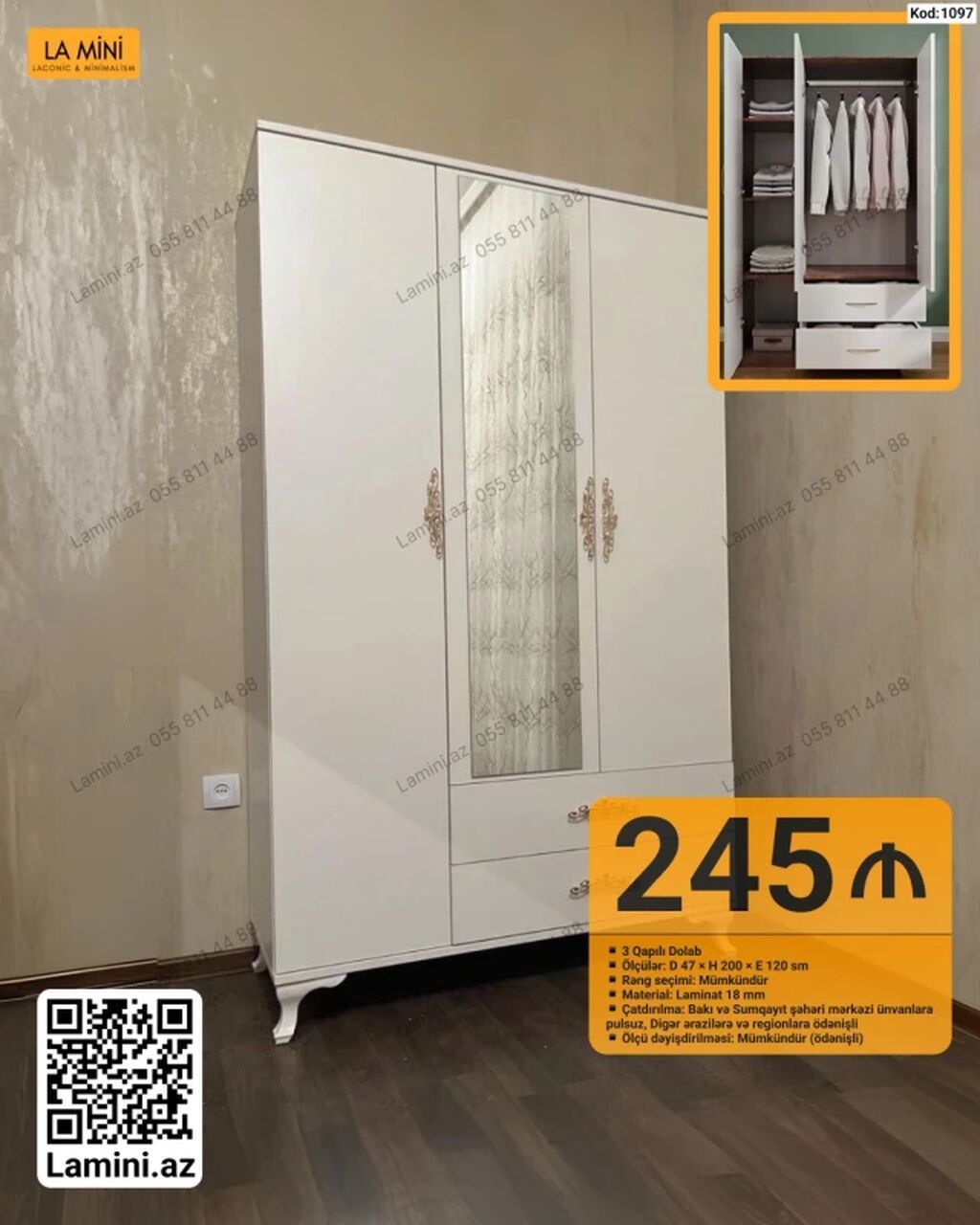 3 qapılı paltar dolabı - Ölçülər: D 47 × H 200 × E 120 sm - Rəng — Mebel, Bakı